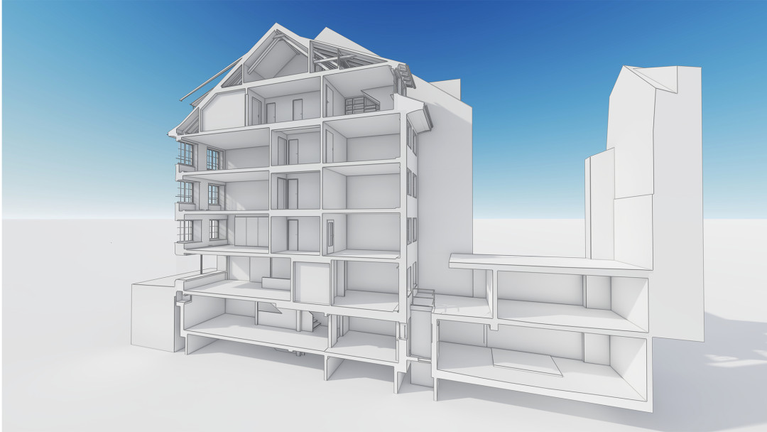 Umbau städtische Liegenschaften Wohn- und Geschäftshaus in Winterthur. 3D-Schnitt. ING PLUS
