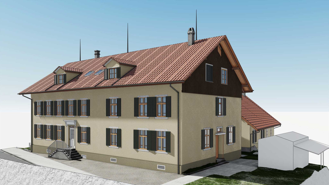 Umbau MFH, 3D Modell, Frontfassade, Hauptgebäude, ING PLUS