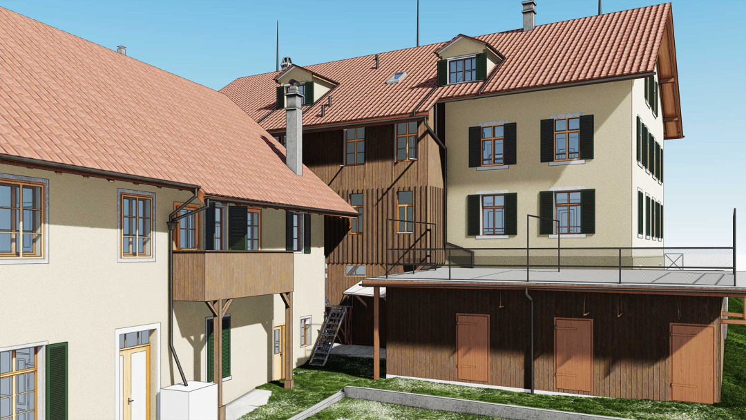 Umbau MFH, 3D Laserscanning, Hofansicht, Balkon, Holzfassade, ING PLUS