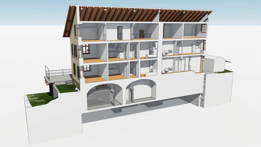 Umbau MFH, 3D Modellierung, Querschnitt, Raumaufteilung, ING PLUS