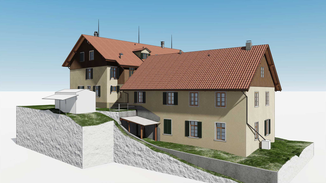 Umbau MFH, 3D Modell, Rückansicht, Garten, Carport,  ING PLUS