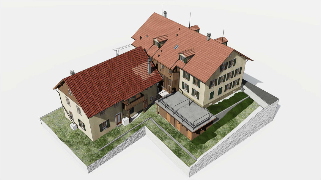 Umbau MFH, 3D Modell, Gesamtareal, Terrassendach, ING PLUS