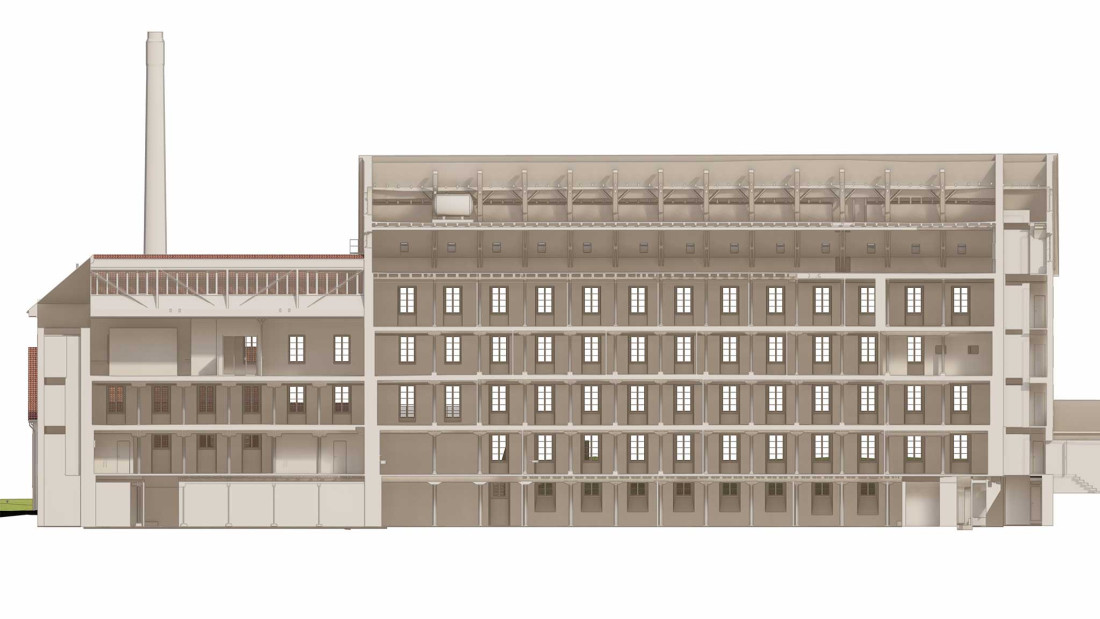 Fotos Kollbrunn. Umbau Kraftwerk, Spinnerei und Villa. 3D-Modell. Längsschnitt. ING PLUS
