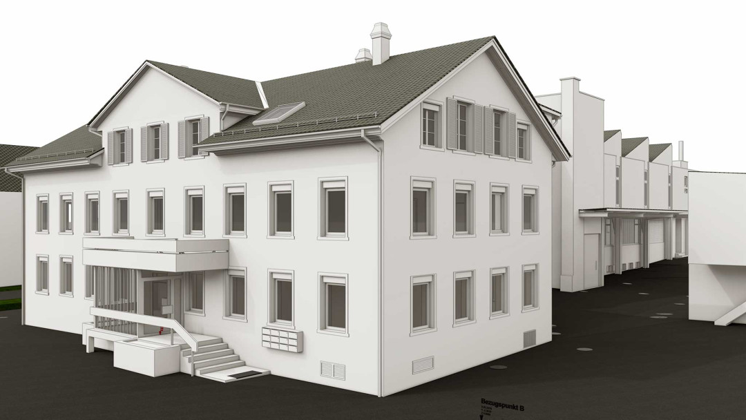 3D-Modell. Gewerbehaus mit Industriehalle. ING PLUS