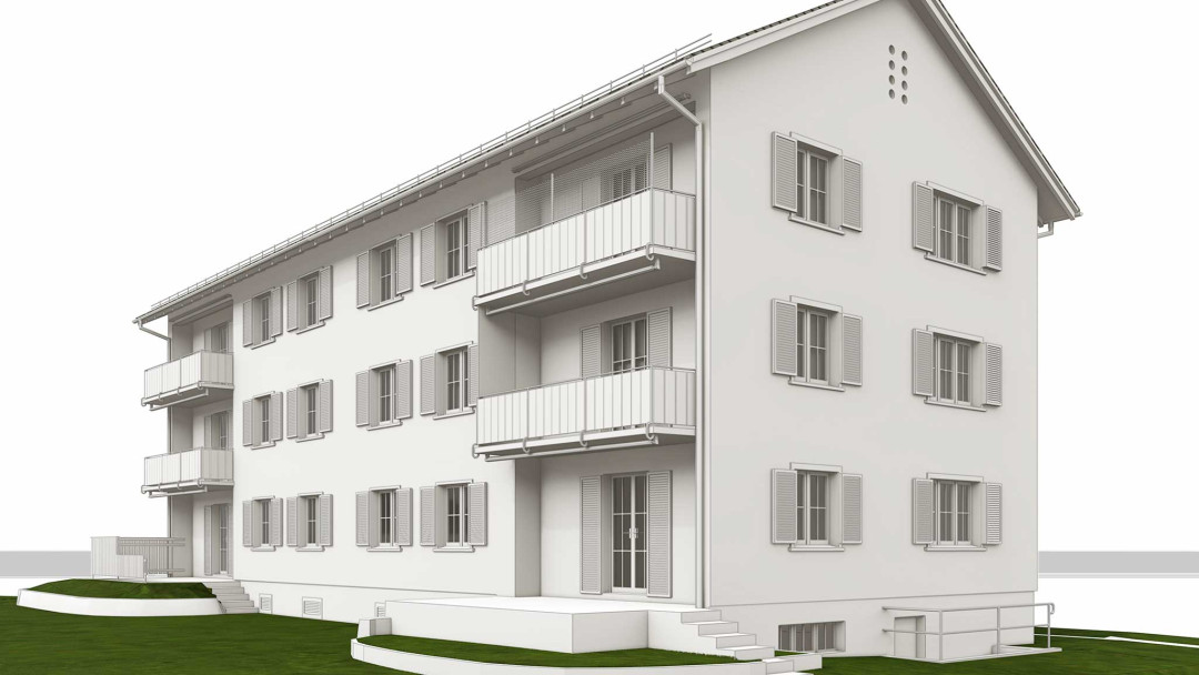 3D-Modell. Mehrfamilienhaus auf Gewerbeareal. ING PLUS