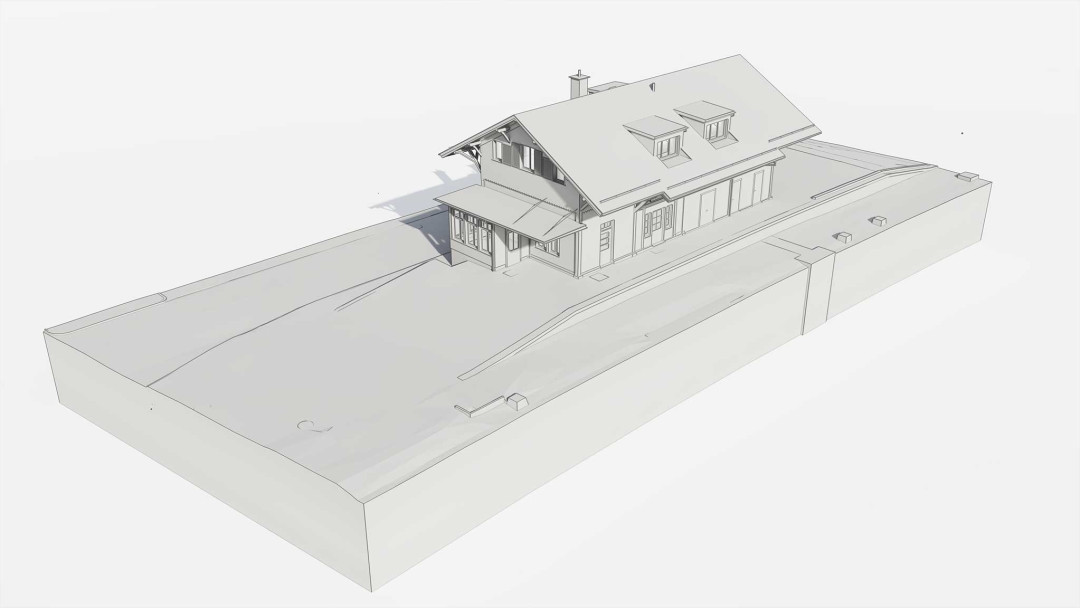 Umbau Bahnhofsgebäude, 3D Modell Vermessung, Vogelperspektive, Gesamtareal, ING PLUS
