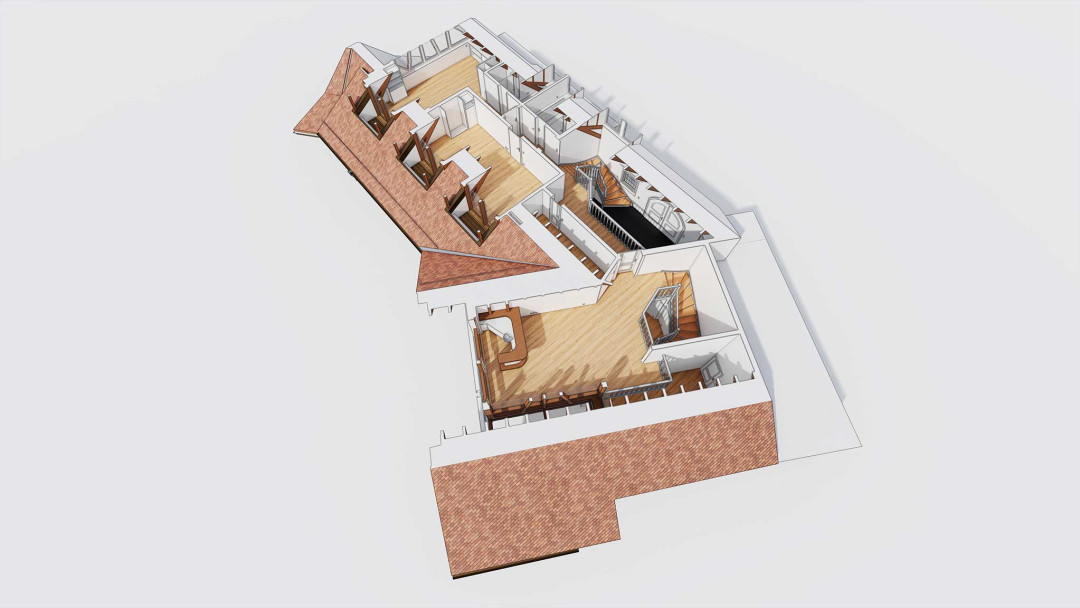 Umbau Villa, 3D Modell, Grundrissschnitt, Obergeschoss, ING PLUS