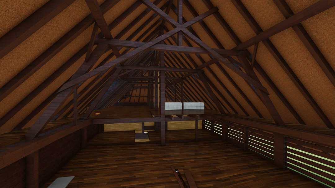 Umbau Bauernhaus, 3D Modell, Dachstuhl, Hahnenbalken, ING PLUS