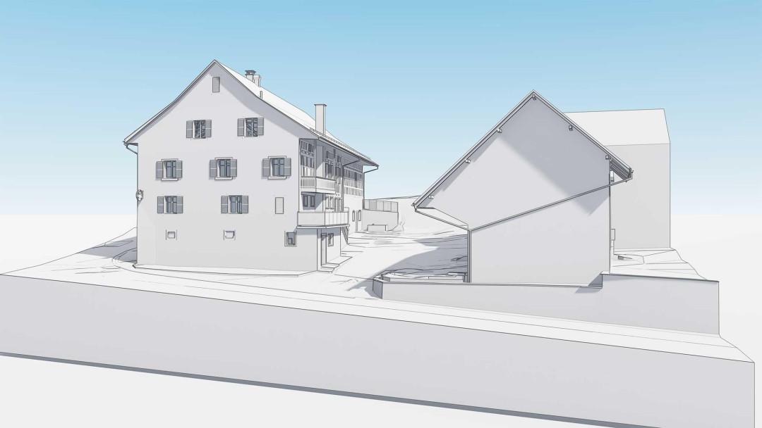 Niederneunforn TG, Wirtschaft zum Engel mit Scheune, 3D-Modell, ING PLUS