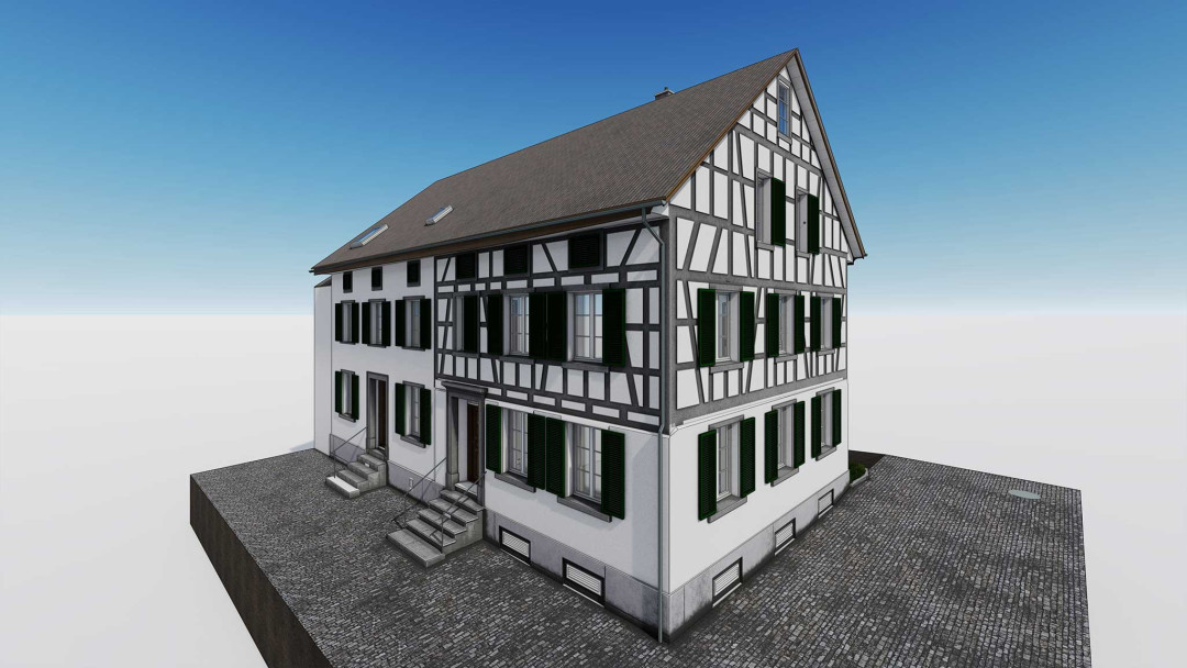 Umbau Stadthäuser, 3D Modell, Frontansicht, Strassenseite, ING PLUS