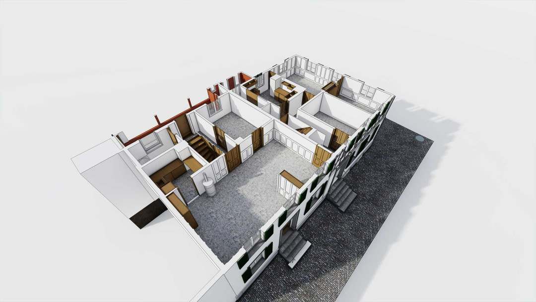 Umbau Stadthäuser, 3D Modell Laserscanning, Grundrissschnitt, Obergeschoss, ING PLUS