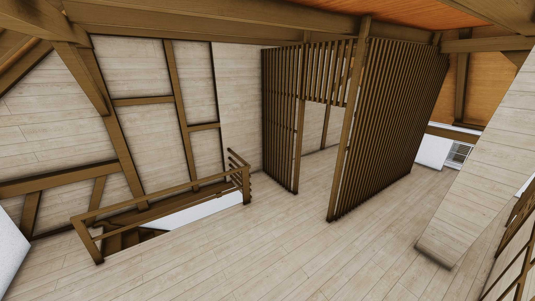 Umbau Stadthäuser, 3D Modell Laserscanning, Innenraum, Holzbalken, ING PLUS