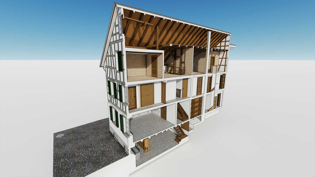 Umbau Stadthäuser, ArchiCAD, Längsschnitt, Fachwerk, ING PLUS