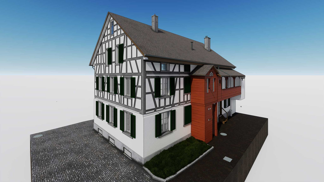 Umbau Stadthäuser, 3D Modellierung, Fachwerkgiebel, Seitenansicht, ING PLUS