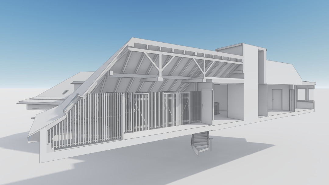 Umbau 2 MFH, 3D Modell, Querschnitt, Sparrenkonstruktion, ING PLUS