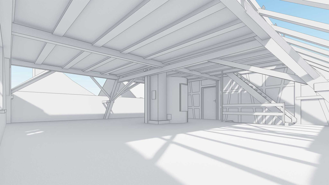 Umbau MFH, 3D Modell, Dachraum, Innenansicht, ING PLUS