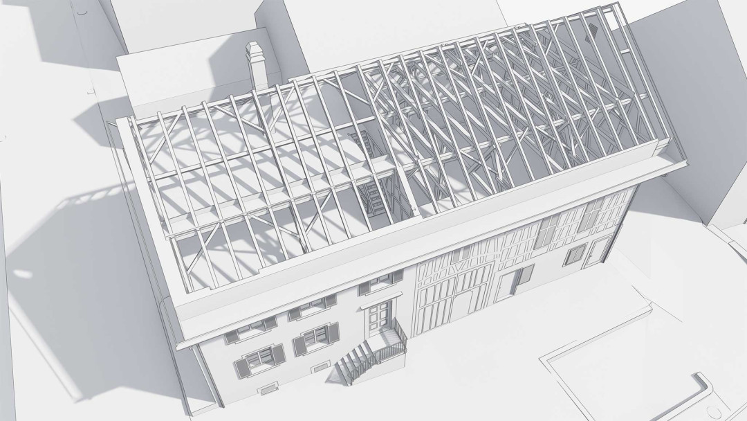 Umbau MFH, 3D Modell, Dachstuhl, Vogelperspektive, ING PLUS