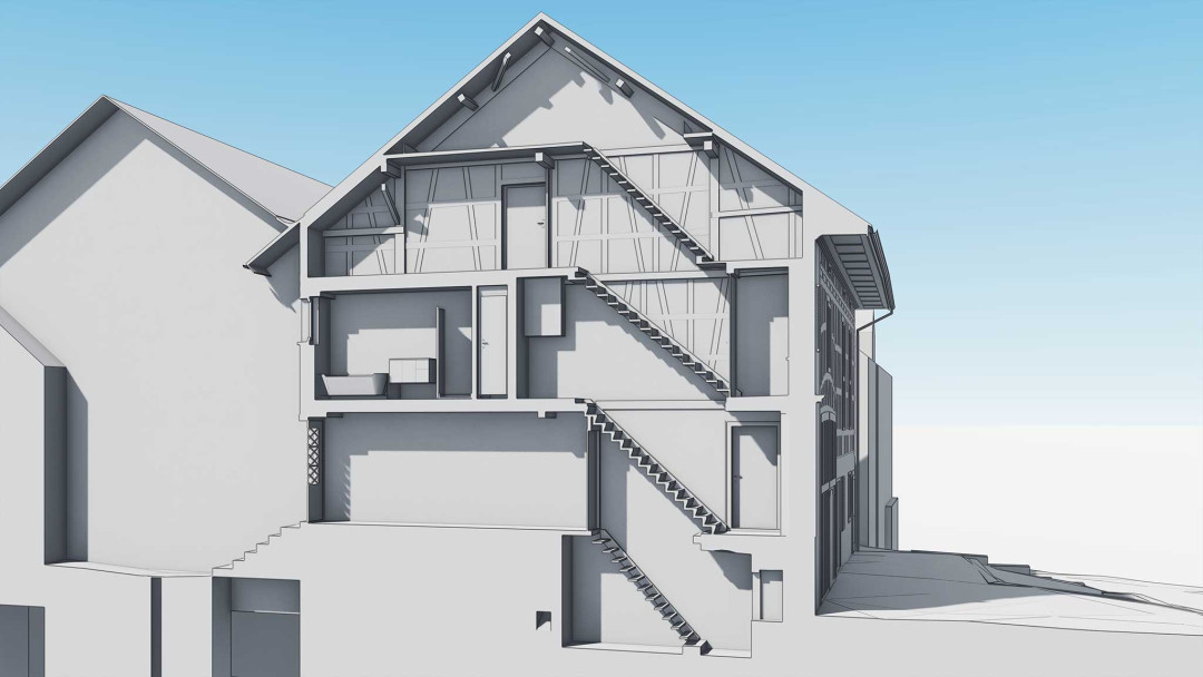 Umbau MFH, 3D Modell, Querschnitt, Perspektive, ING PLUS