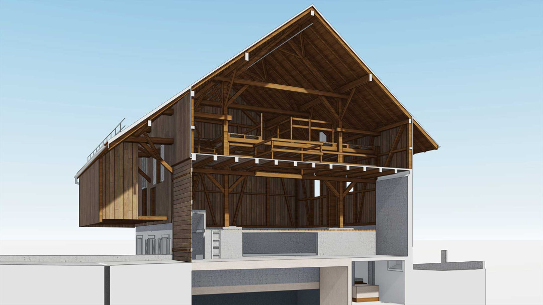 Umbau Scheune Andelfingen, 3D Modell, Dachstuhl, Deckenbalken, ING PLUS