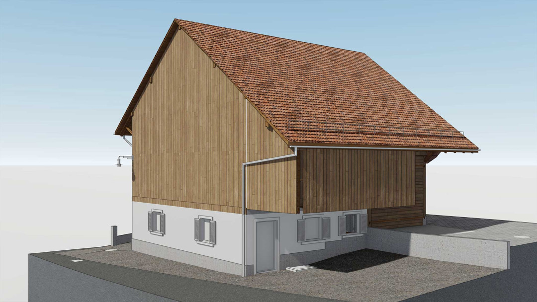 Umbau Scheune Andelfingen, 3D Modell, Rückfassade, Holzverkleidung, ING PLUS