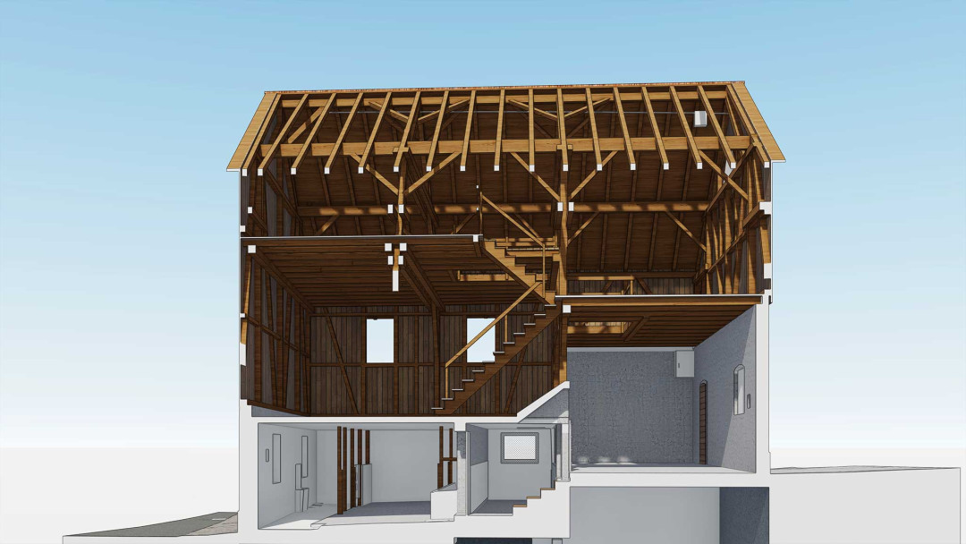 Umbau Scheune Andelfingen, 3D Laserscanning, Rückgiebel, Hofseite, ING PLUS