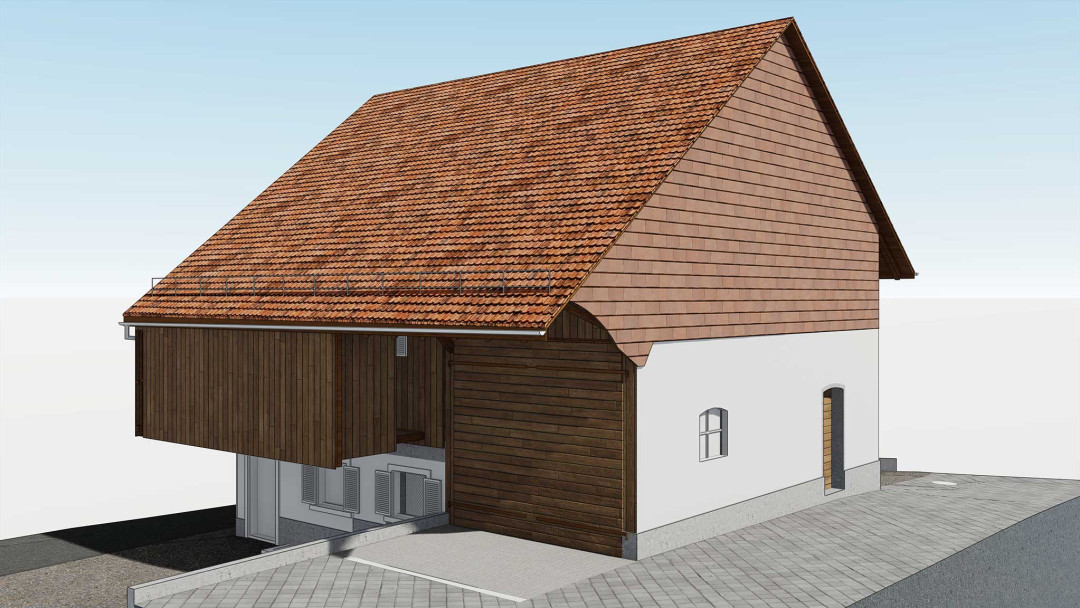 Umbau Scheune Andelfingen, 3D Laserscanning, Seitenansicht, Holzverkleidung, ING PLUS