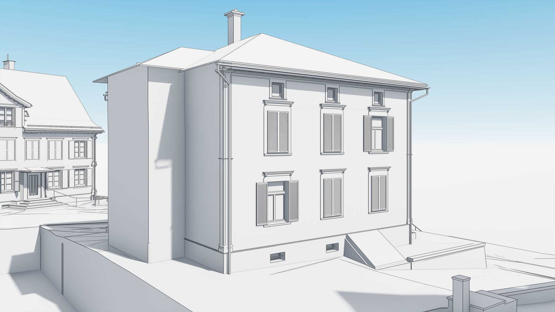 Flawil SG, Strassenraumgestaltung, 3D Modell, Einzelgebäude Schrägansicht, ING PLUS