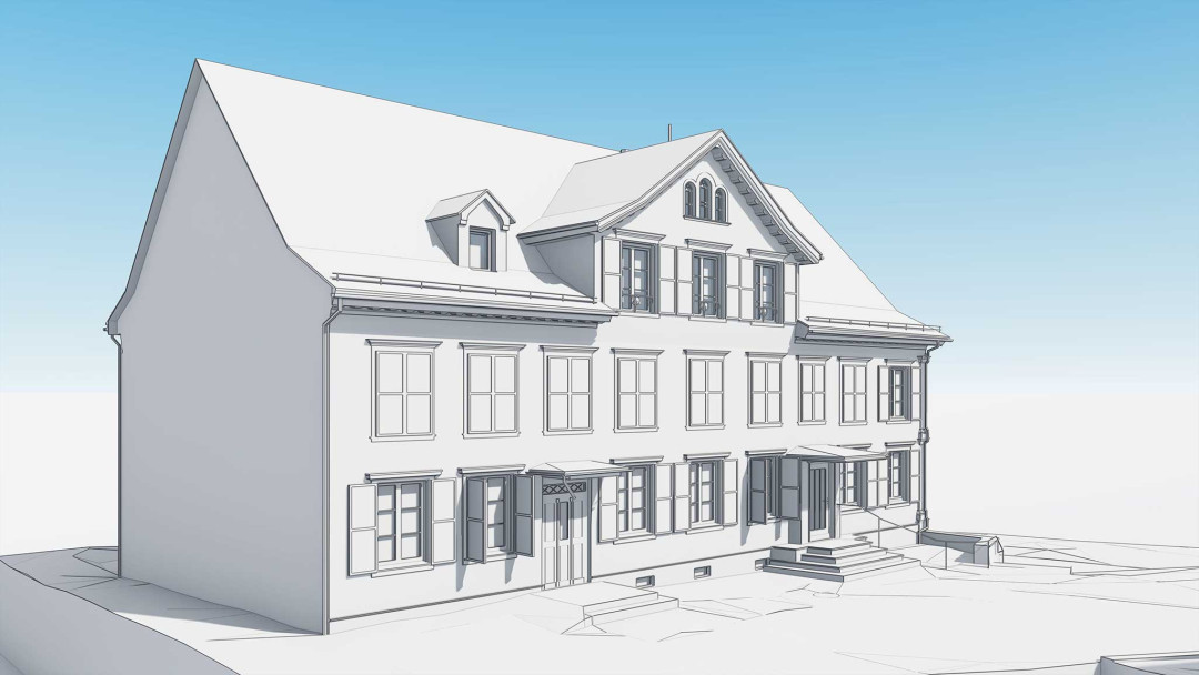 Flawil SG, Strassenraumgestaltung, 3D Laserscanning, Einzelgebäude Seitenansicht, ING PLUS
