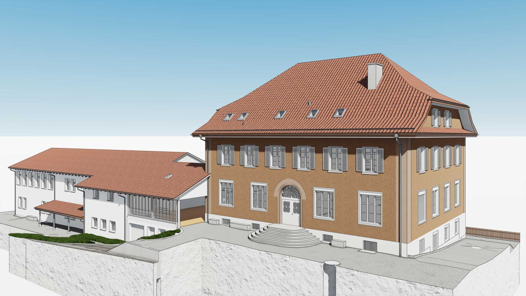 Umbau Oberstufenschulhaus, 3D-Modell, Hauptfassade, ING PLUS