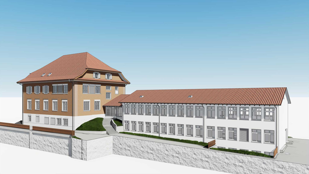 Umbau Oberstufenschulhaus, 3D-Modell, Seitenflügel, Strassenfront, ING PLUS