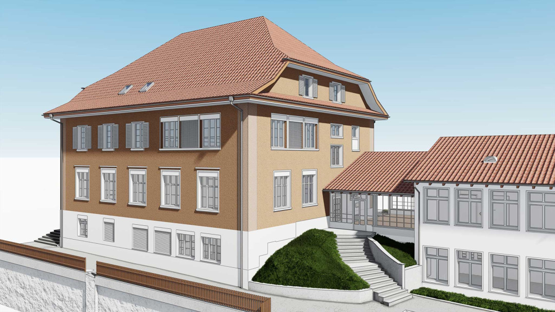 Umbau Oberstufenschulhaus, ArchiCAD, Gesamtanlage, Vogelperspektive,  ING PLUS