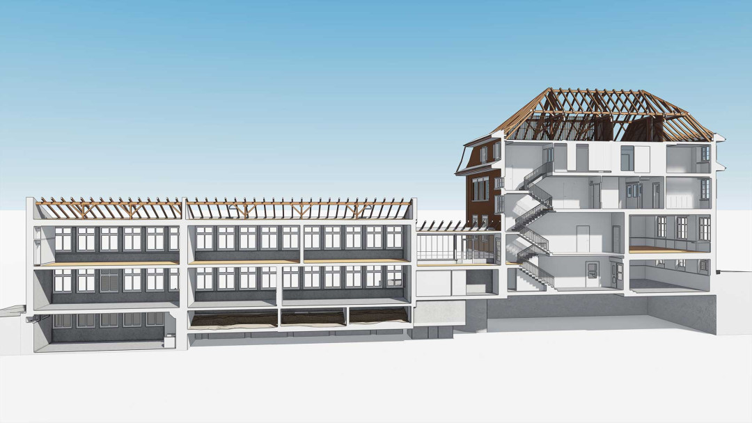 Umbau Oberstufenschulhaus, ArchiCAD, Längssicht, Gesamtgebäude,  ING PLUS