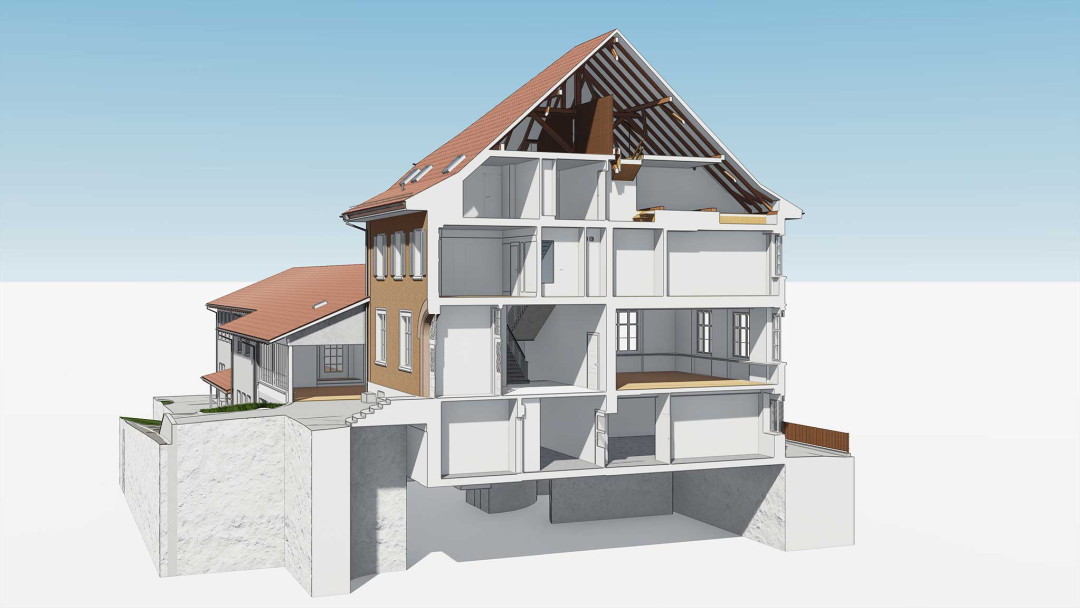 Umbau Oberstufenschulhaus, 3D Laserscanning, Querschnitt, Keller,  ING PLUS