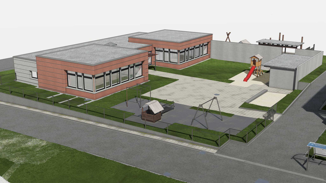 Gebäudeaufnahme Kindergarten Gschwader in Uster. 3D-Modell. ING PLUS