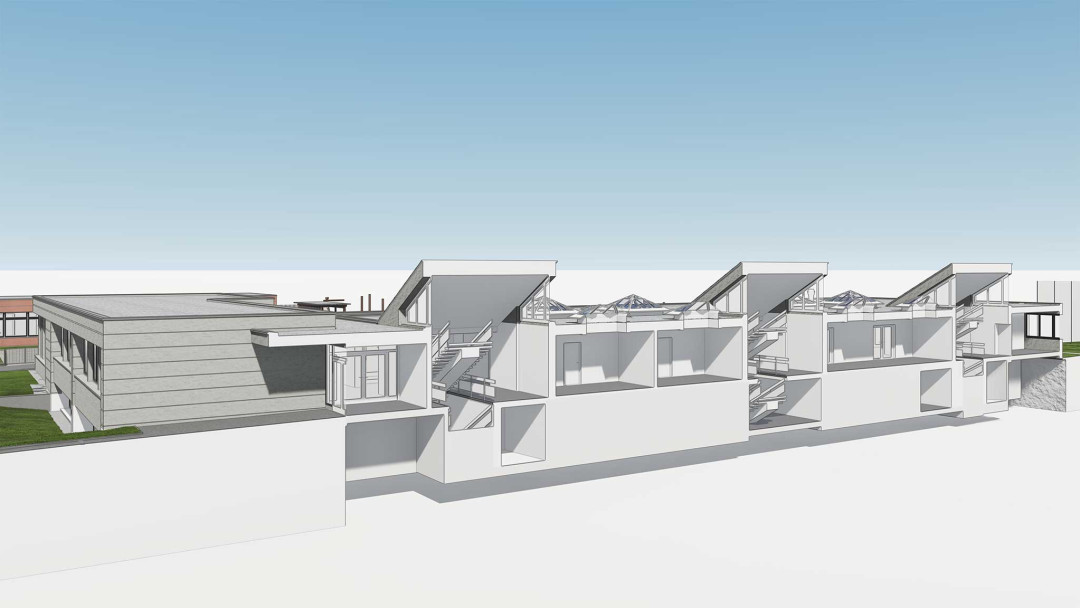 Gebäudeaufnahme Schulhaus Gschwader in Uster. 3D-Längsschnitt. ING PLUS