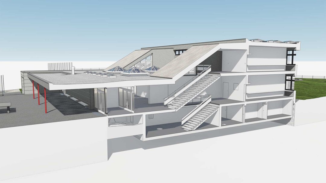 Gebäudeaufnahme Schulhaus Gschwader in Uster. 3D-Querschnitt. ING PLUS