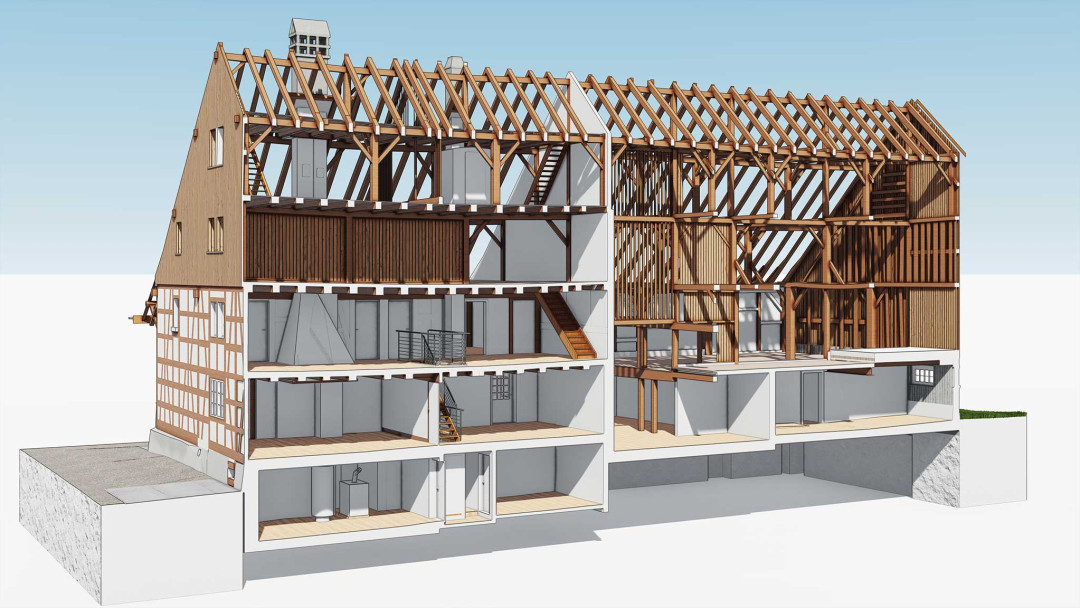 Umbau Bauernhaus, 3D Laserscanning, Längsschnitt, ING PLUS