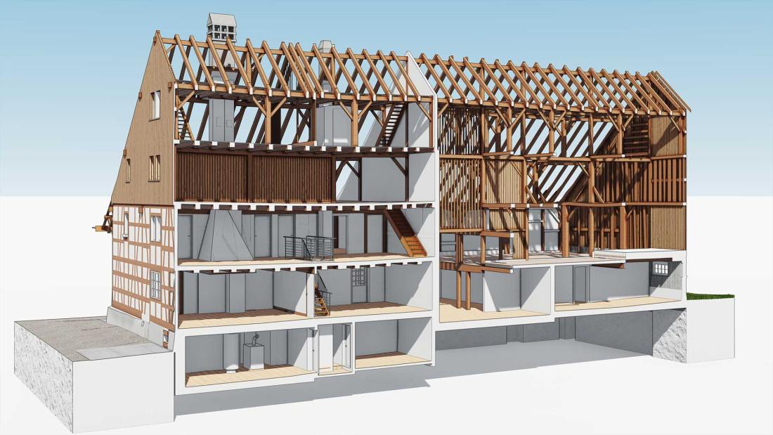 Fotos Umbau Bauernhaus, 3D Laserscanning, Längsschnitt, ING PLUS