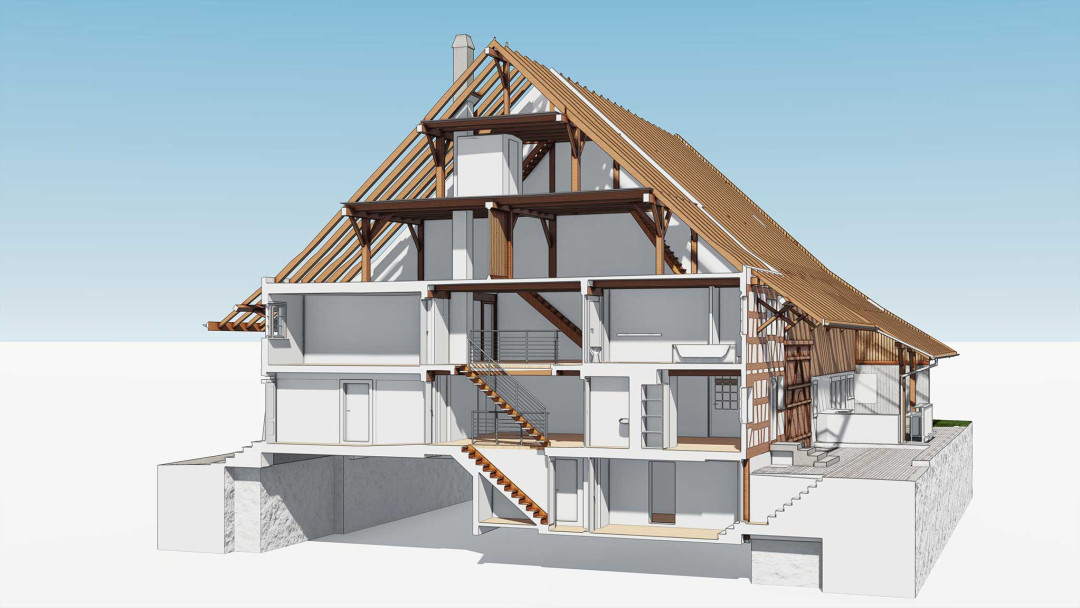 Umbau Bauernhaus, 3D Laserscanning, Fachwerk, ING PLUS
