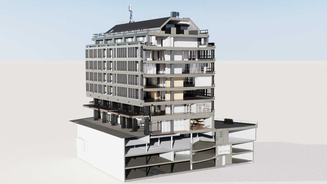 Umbau Gewerbeliegenschaft, 3D Modell, Schnittperspektive, ING PLUS