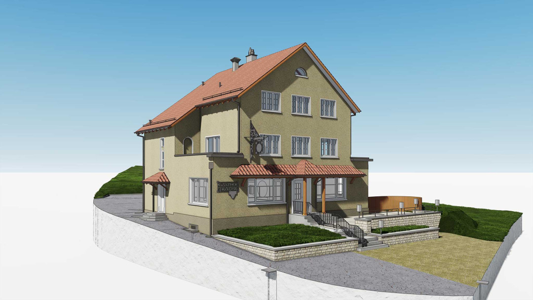 Umbau EFH, 3D Modell, Frontansicht, Hauptfassade, Aussenanlage, ING PLUS