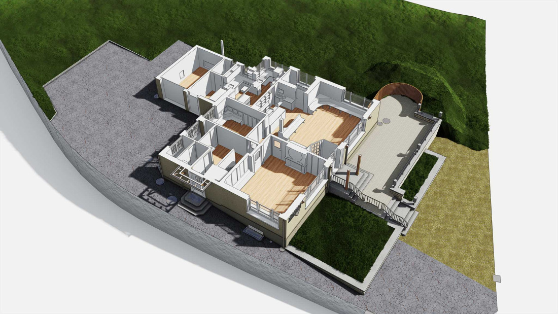 Fotos Umbau EFH, 3D Modell, Grundrissschnitt, Wohnbereich, ING PLUS