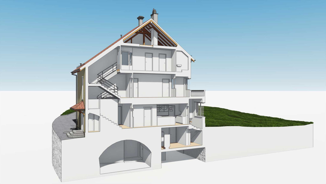 Umbau EFH, 3D Modell Laserscanning, Querschnitt, Seitenansicht, ING PLUS