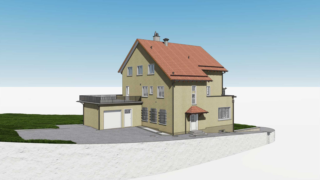 Umbau EFH, 3D Modell Laserscanning, Rückfassade, Nebeneingang, ING PLUS