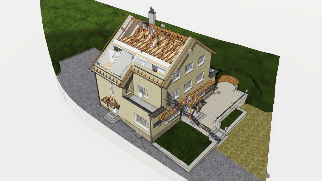 Umbau EFH, 3D Modell Vermessung, Dachstuhl, Holzkonstruktion, ING PLUS