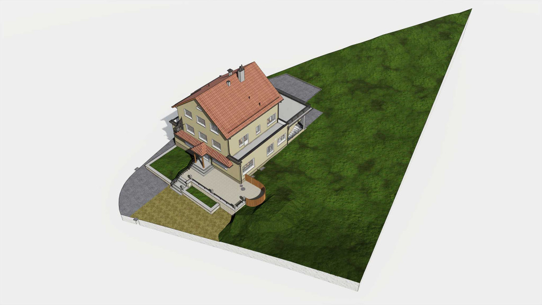 Umbau EFH, 3D Modell,  Vogelperspektive, Garten, Rückseite, ING PLUS