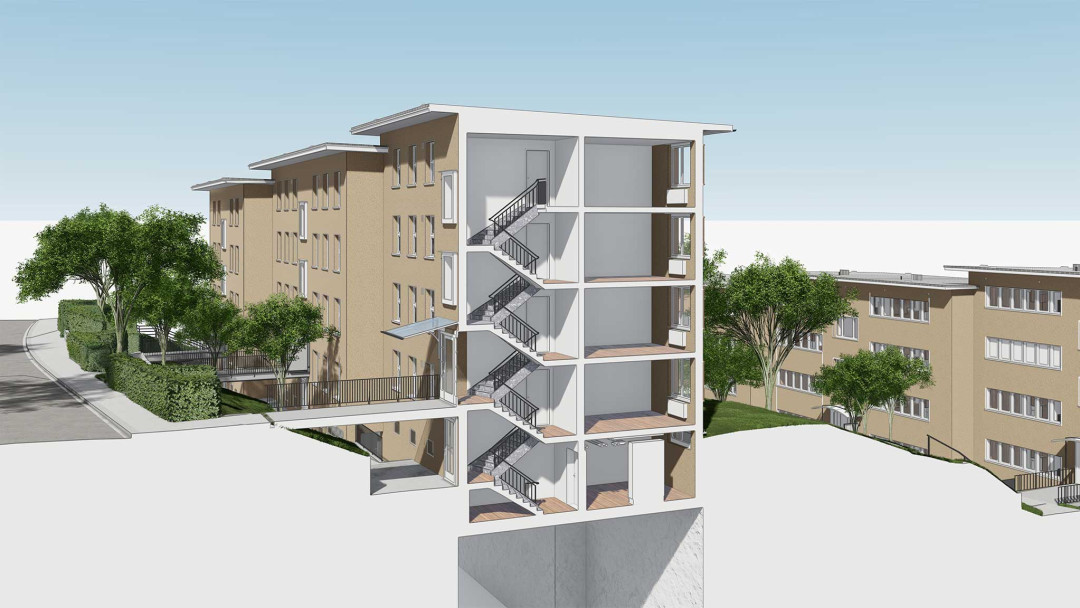 Zürich. Sanierung Mehrfamilienhaus. 3D-Querschnitt aus Gebäudeaufnahme. ING PLUS