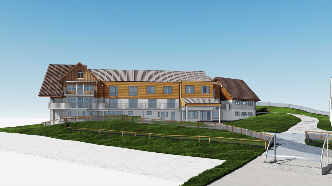 Umbau Wohnheim Lerchenhof, 3D Modell, Frontansicht, Eingang, ING PLUS