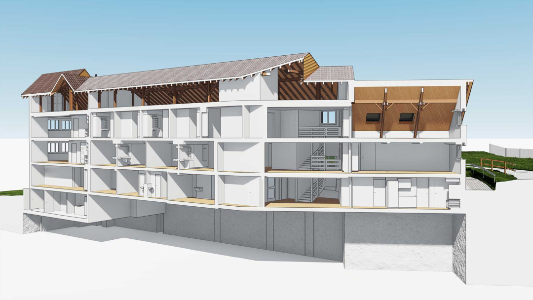 Umbau Wohnheim Lerchenhof, 3D CAD Modell, Längsschnitt, ING PLUS