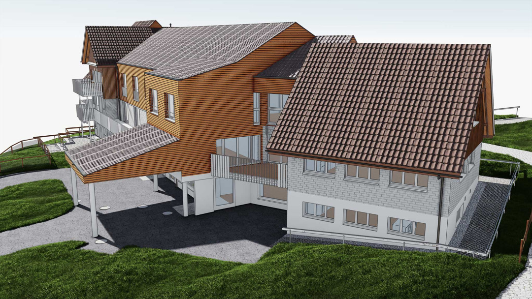 Umbau Wohnheim Lerchenhof, 3D CAD Modell, Verbindungsbau, Vordach, ING PLUS